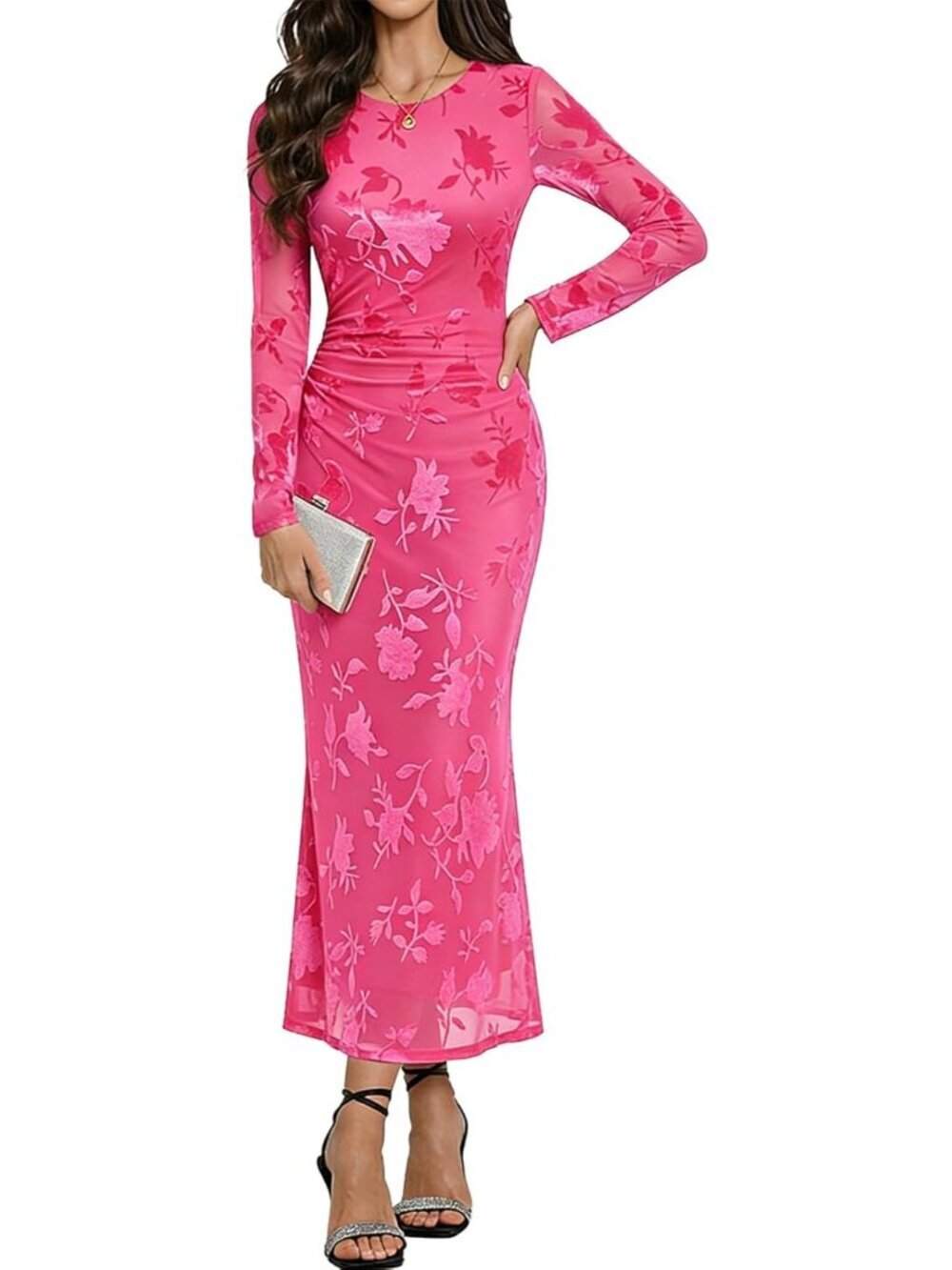 Women's Mesh Maxi Long Sleeve Floral Bodycon Pink Guest Cocktail Party Dress